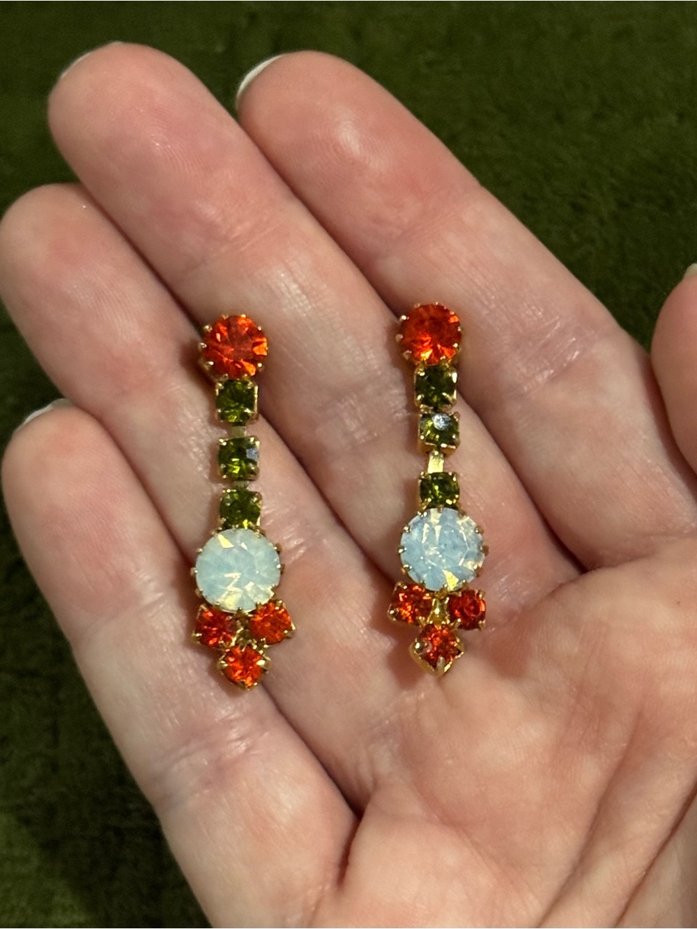 Drop Earrings with Red, Green, and Opalescent Gems with Gold Accents